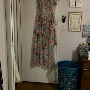 Floral Ruffle Maxi Dress - Blue and Orange